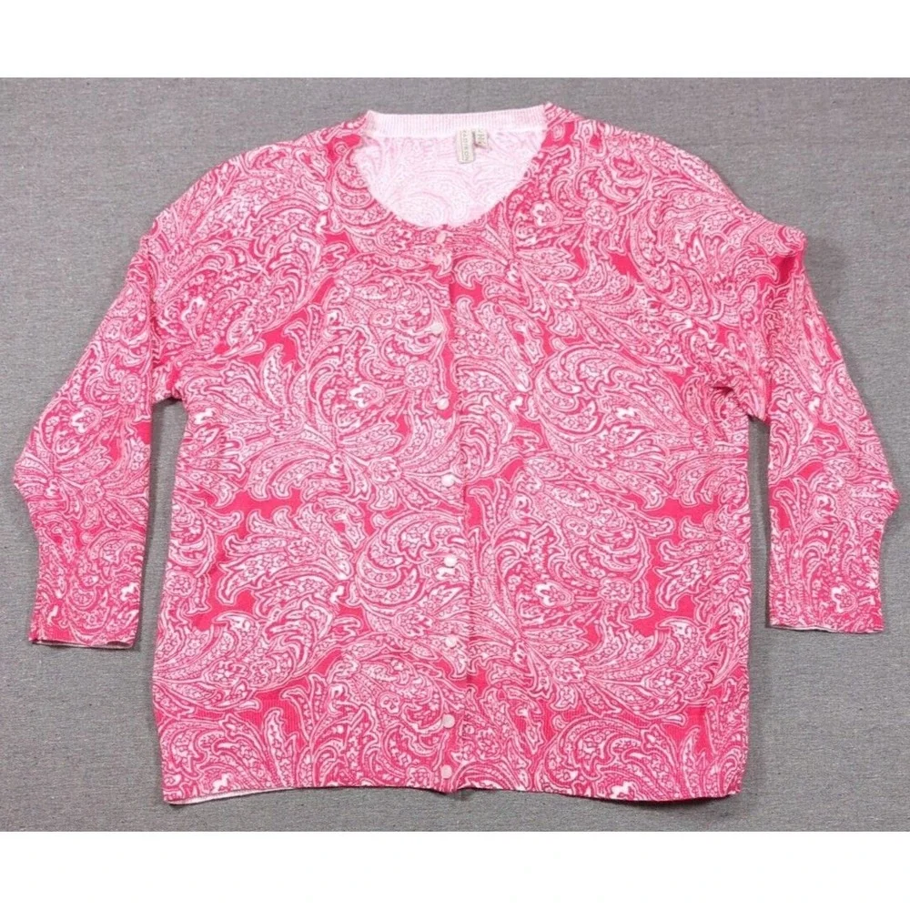 Madison Red Paisley Cardigan 3/4 Sleeve Thin Fine Knit Womens Sz L Sweater Layer